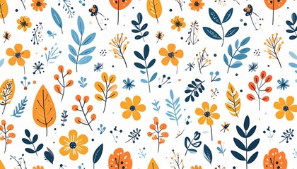Obraz premium Hand drawn watercolor floral seamless pattern with leaves and flowers on white background