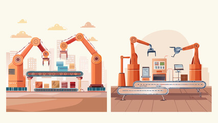 Fototapeta premium Futuristic industrial automation scenes with robotic arms streamlining production lines, illustrating advanced manufacturing technology and smart factory operations