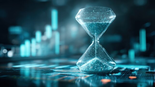 Hourglass with Glowing Sand Measuring Time Against an Abstract Data Graph, Representing Time Management