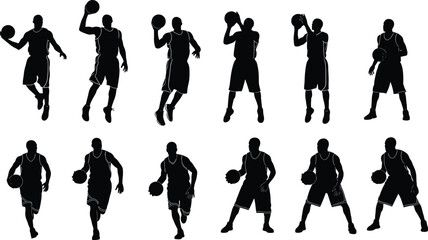 Basketball player silhouette set, professional athletes dribbling shooting and jumping collection isolated on white background for stock, © Rezaul