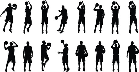 Basketball player silhouette set, professional athletes shooting jumping and holding balls collection isolated on white background for stock, © Rezaul