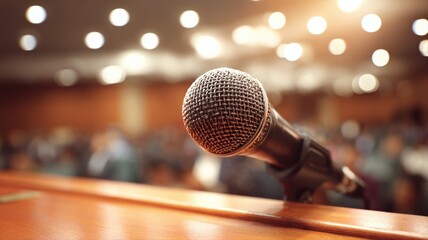 Obraz premium Microphone on stage ready for a public speaker or presenter at a conference or seminar