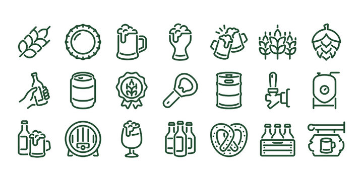 Beer glass, drink pub and brewery editable stroke outline icons set isolated on white background flat vector illustration.