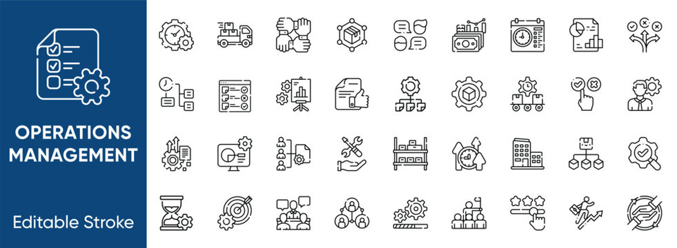 Operations management and logistics efficiency line icons set. Supply chain distribution, business workflow optimization, strategic planning, and inventory productivity symbols
