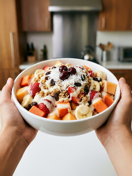 Both hands are holding a white bowl containing bionico salad