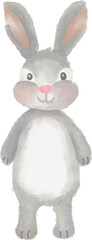 Fototapeta premium Watercolor illustration of a cute grey bunny sitting front view with upright ears. Ideal for nursery prints, baby shower decor, and children products.