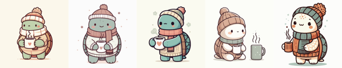 vector turtle drinking winter coffee