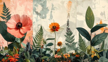 Obraz premium Vibrant watercolor flowers and leaves on textured paper background summer art