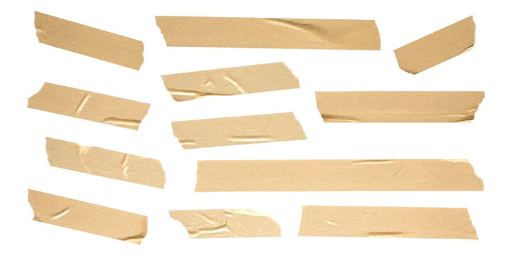 Collection of torn beige masking tape strips with realistic texture, isolated on white background, versatile graphic elements