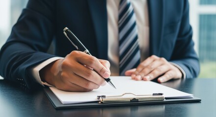 Businessman Signing Document on Clipboard at Office Desk, Close-up View of Hands in Corporate Setting