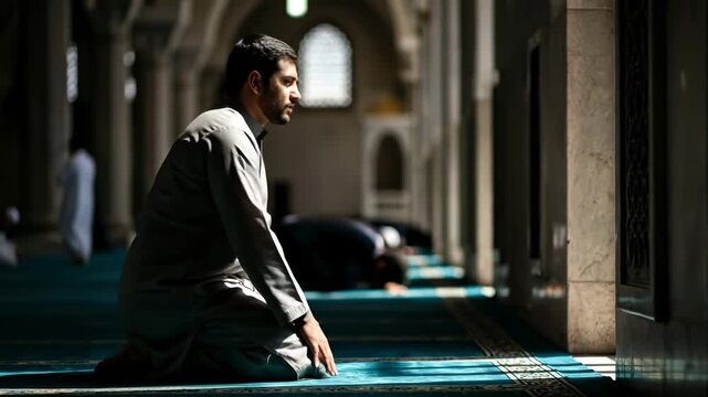 Man in prayer inside a mosque, religious devotion and faith.