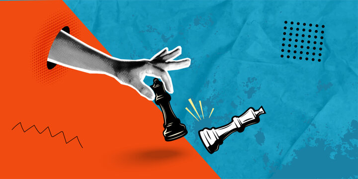 Trendy halftone pop art collage featuring a human hand holding a queen, a chess piece, a board game, opponent's tactics, a competition, a logical battle. Vector poster banner