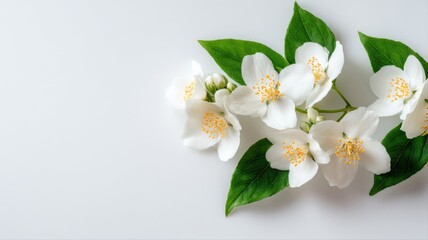 Jasmine Flowers with Green Leaves on White Background, Elegant Floral Composition with Copy Space