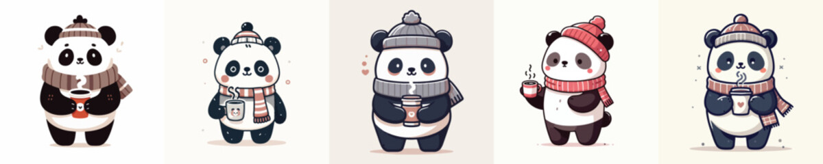 panda vector drinking winter coffee