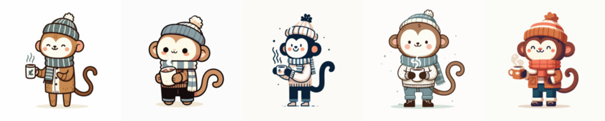 vector monkey drinking coffee winter