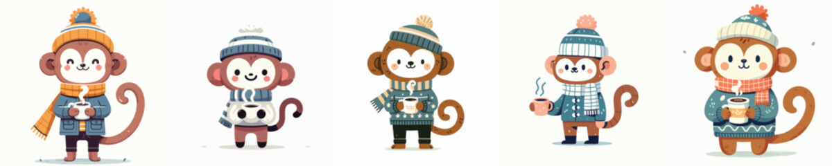 vector monkey drinking coffee winter