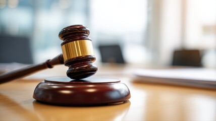 Fototapeta premium Gavel on Wooden Desk in Courtroom - Symbol of Law, Justice, and Legal Proceedings