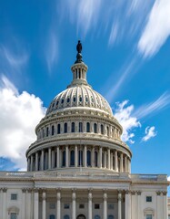 Obraz premium A photograph featuring the iconic dome and facade of a government building. Fluffy clouds streak across a bright blue sky