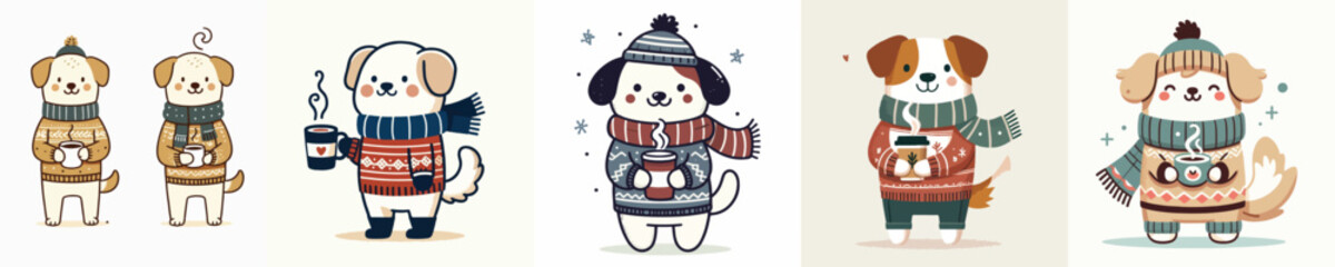 dog vector drinking winter coffee