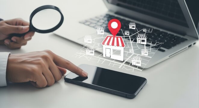 Local Business Search Optimization Concept: Hands Using Magnifier and Mobile for Online Marketing