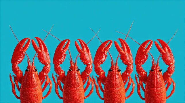 Vibrant red crawfish arranged in a visually striking pattern against a bright blue background