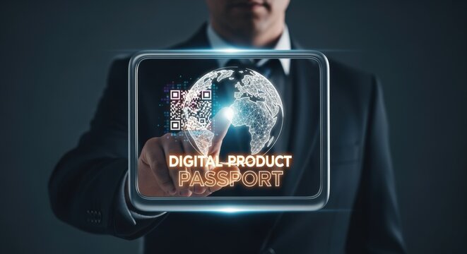 Businessman interacting with a digital product passport interface showcasing global connectivity and data security