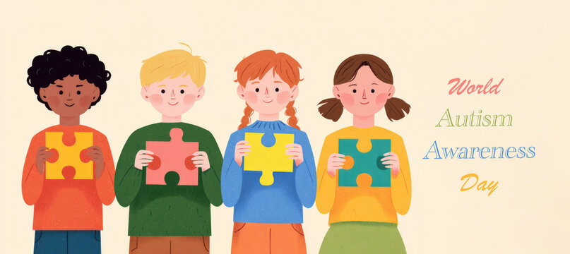 School children hold multicolored puzzle pieces in their hands, symbolizing support for people with autism. Banner for the World Autism Awareness Day with the text congratulations
