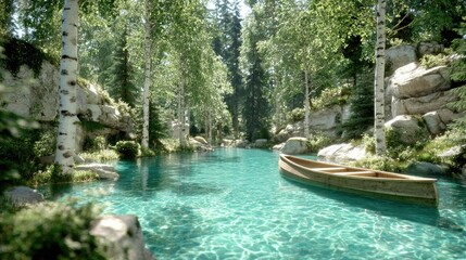 Wooden rowboat floats serenely upon crystal clear turquoise water surrounded by dense forest and birch trees
