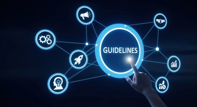 Guidelines Concept with Hand Touching Screen, Representing Strategy, Regulations, Standards and Best Practices