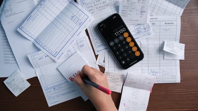 business woman with calculator, bills and expense reports, expense and budget concept background video 