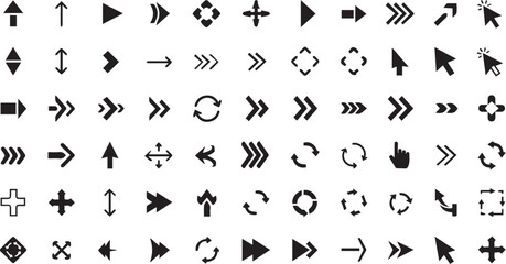 Minimalist black arrow and cursor icons set for user interface and web design.