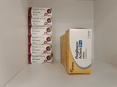 Prague,Czech Republic-23.01.2026: Purinol containing allopurinol is used for treatment of gout and hyperuricemia reducing uric acid levels
