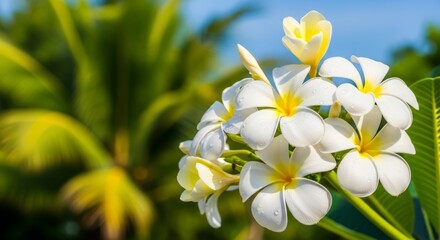 Obraz premium Delicate white plumeria flowers bloom vibrantly in warm sunlight amidst lush tropical foliage.