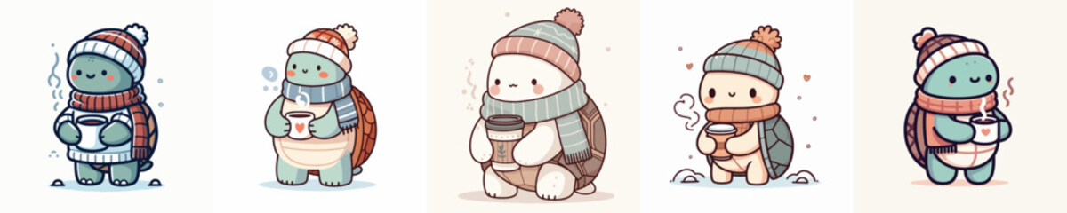 vector turtle drinking winter coffee