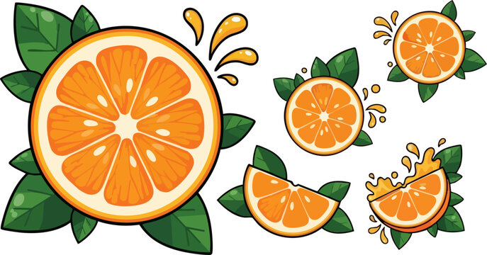 Vector illustration of a vibrant orange fruit slice with green leaves and juice splashes, isolated on a transparent background, perfect for healthy food branding or summer beverage designs.