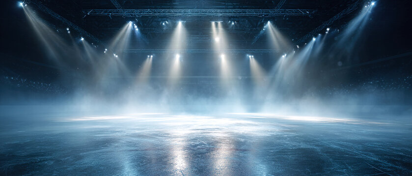 Hockey stadium scene with dramatic spotlights, smoke and textured ice surface. Powerful stage lighting background for sports events, performances and intense competition atmosphere.