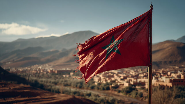 moroccan flag waving in the wind. flag of morocco with view on city