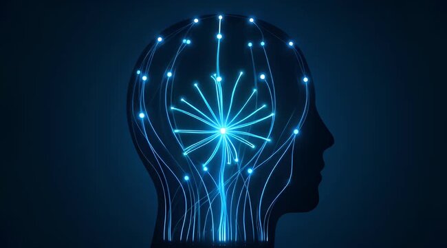 Abstract glowing neural network inside human head silhouette, digital brain connections, artificial intelligence concept, futuristic technology, blue light pathways