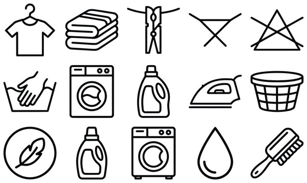 Laundry and garment care icons, including washing machine, iron, and drying symbols