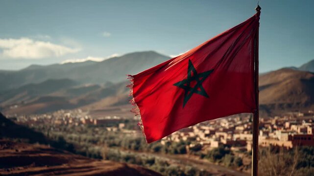 moroccan flag waving in the wind. flag of morocco with view on city