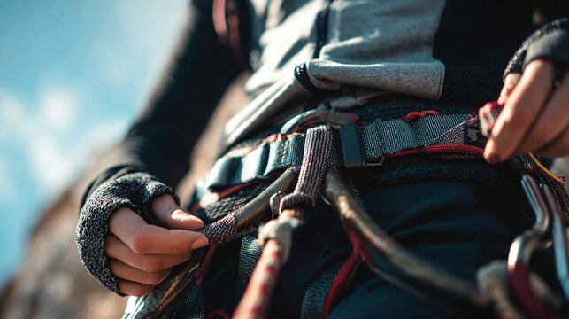 Close up of climber with ropes and technical equipment. Detailed view of safety preparation, adventure gear, and outdoor equipment for professional mountaineering and expedition planning visuals.