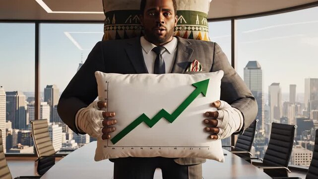 In a modern city office, a confident businessman stands proudly with a pillow featuring a green arrow symbolizing growth. The skyline shines through large windows, illuminating his determination.