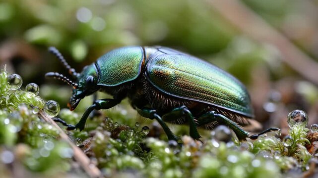 Shiny Green Beetle Crawling on Mossy Ground in Nature.