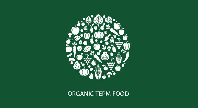 Fresh organic food circle badge design with detailed fruit and vegetable illustrations.