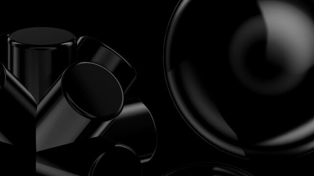Artistic 3D render of black cylinders and spheres intersecting with sharp highlights and deep shadows for a sophisticated aesthetic.