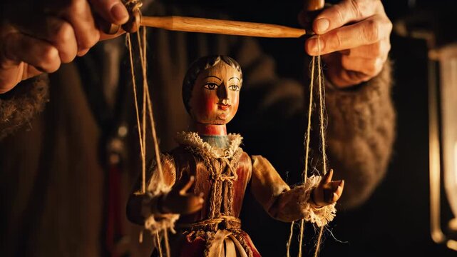 Puppet Masters Hands Manipulating a Wooden Marionette in Dim Light.