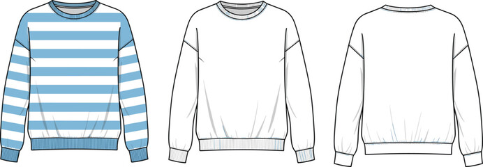 Fashion technical flat sketches of oversized crew neck sweatshirts featuring striped and solid variations for apparel design and clothing templates © Mst