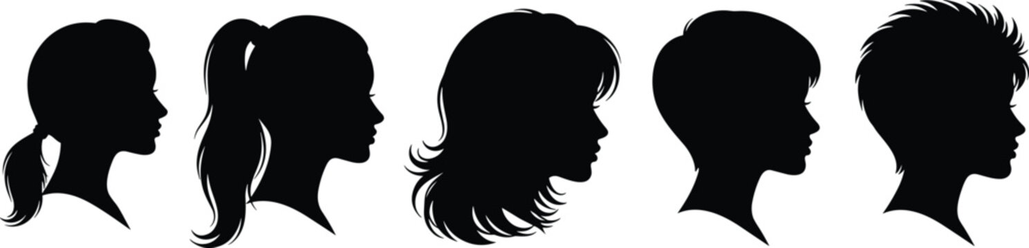 Collection of Five Black and White Female Profile Silhouettes Featuring Diverse Hairstyles Including Ponytail Short Pixie Cut and Long Layered Hair for Beauty Salon Graphics