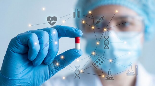 A gloved hand holding a red and white capsule with a blurred scientist in the background surrounded by medical and scientific symbols