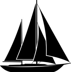A black and white image of a sailboat with three sails on a plain background © Vector Kings